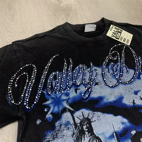 Camiseta de manga corta lavada negra de VALLEY con letras de taladro en caliente para hombre, camiseta de gran tamaño con estampado de Estatua de la libertad americana de algodón puro