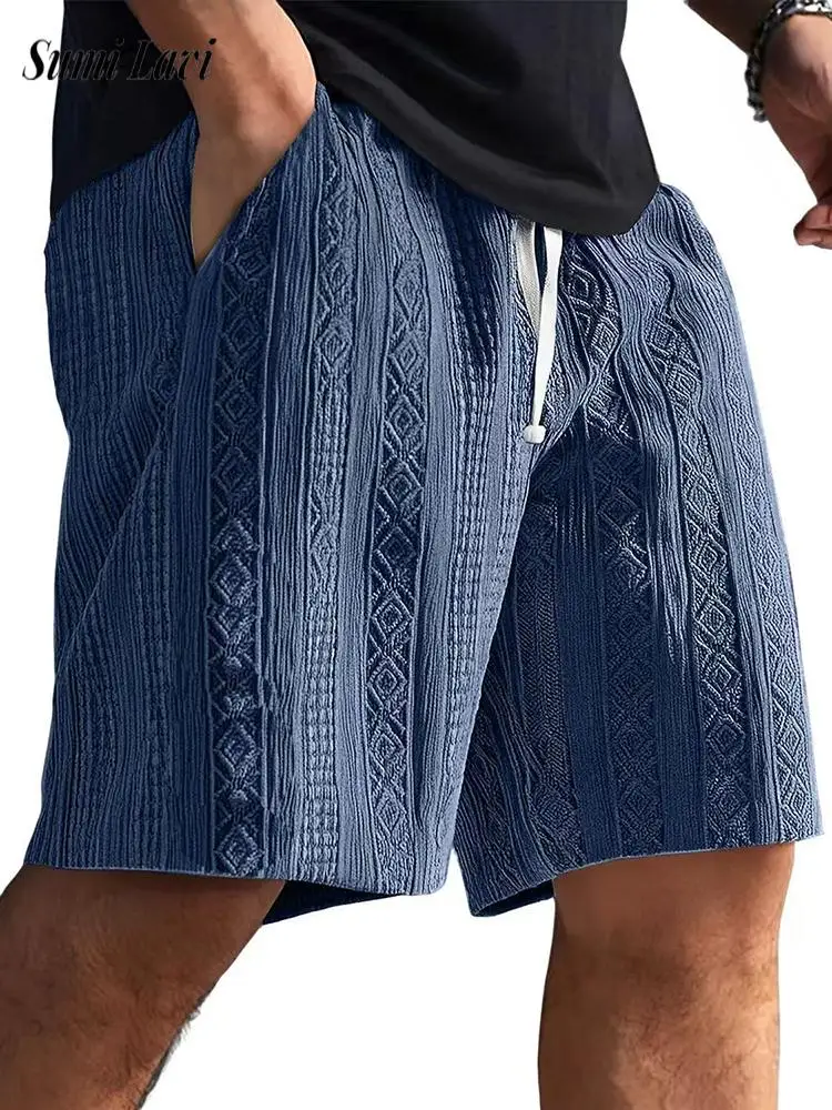 

Stylish Drawstring Loose Straight Shorts Men Summer Casual Solid Color Jacquard Textured Shorts Vintage Mens Knit Bottoms 5XL