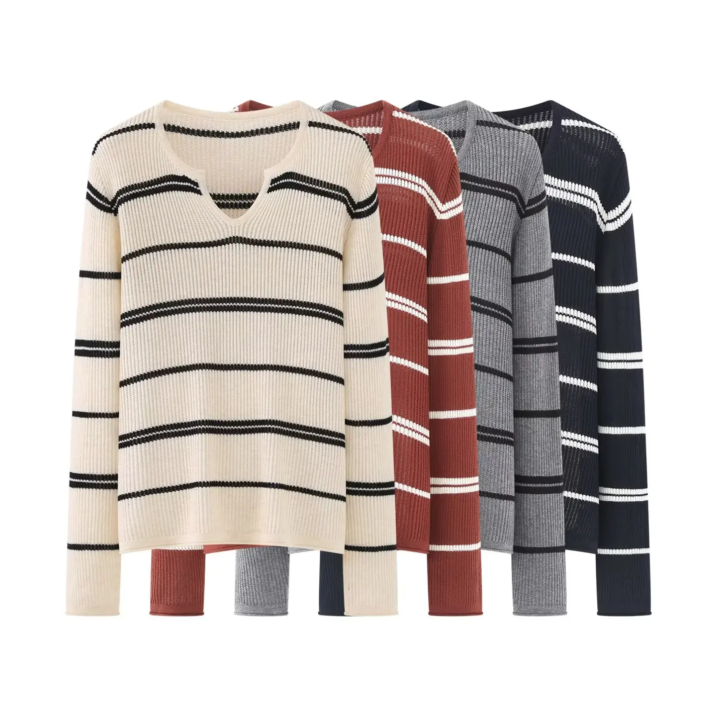 

Модный полосатый трикотаж, женский свободный длинный свек, осенне-зимний свитер с v-образным вырезом, утягивающий дизайн, повседневный удобный топ