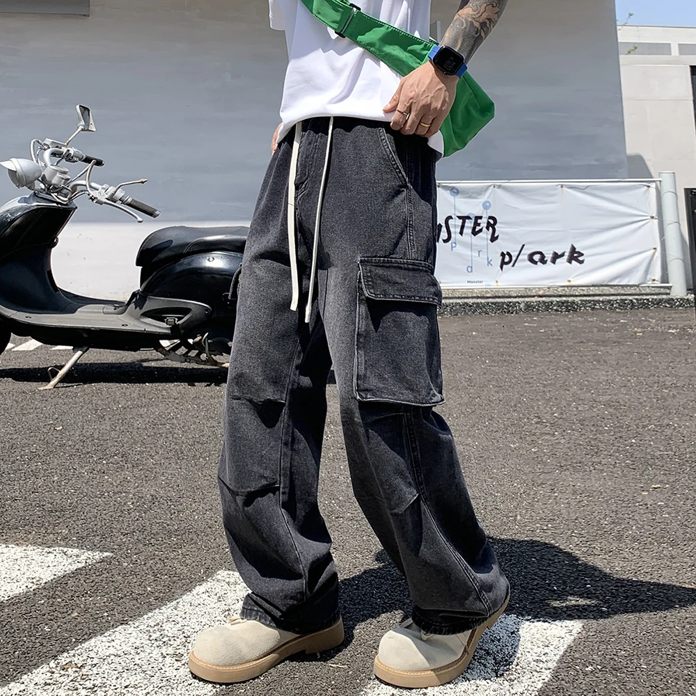 

High Street Мужская рабочая одежда Джинсы Брюки Хип-хоп Ретро Большие карманы Свободные джинсовые брюки Прямая уличная одежда Повседневные брюки для мужчин