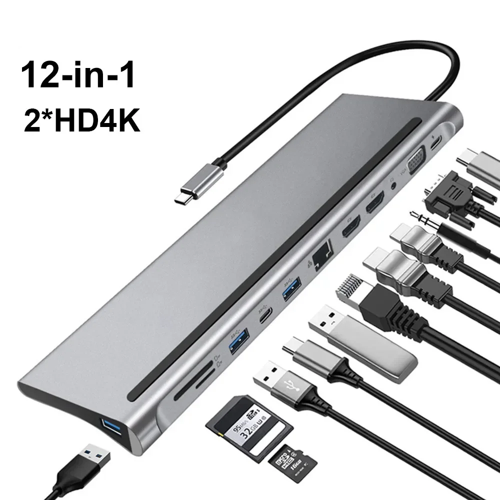 

12-in-1 USB C Docking Station Hub Type Tipo Multi Multi-hub Extenisor A HDMI-compatible Adapter Dock Laptop for Macbook