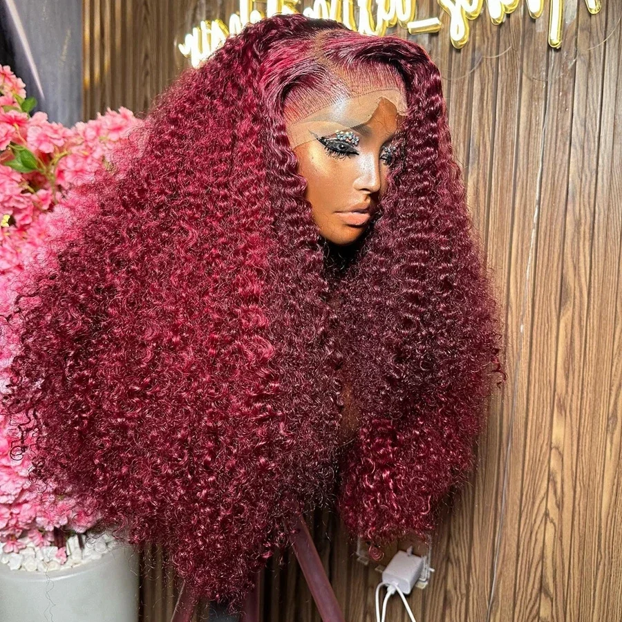 Soft 26“ Long Burgundy 99j Kinky Curly 180Density Deep Lace Front Wig For Black Women Babyhair Natural Hairline Preplucked Daily