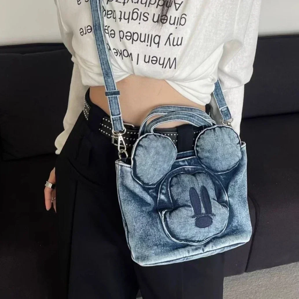 

Designer Retro Unique Cute Mickey Mouse Bag Washed Cowboy Tote Bag Large Capacity Casual Crossbody Shoulder Handbag Y2K Girl