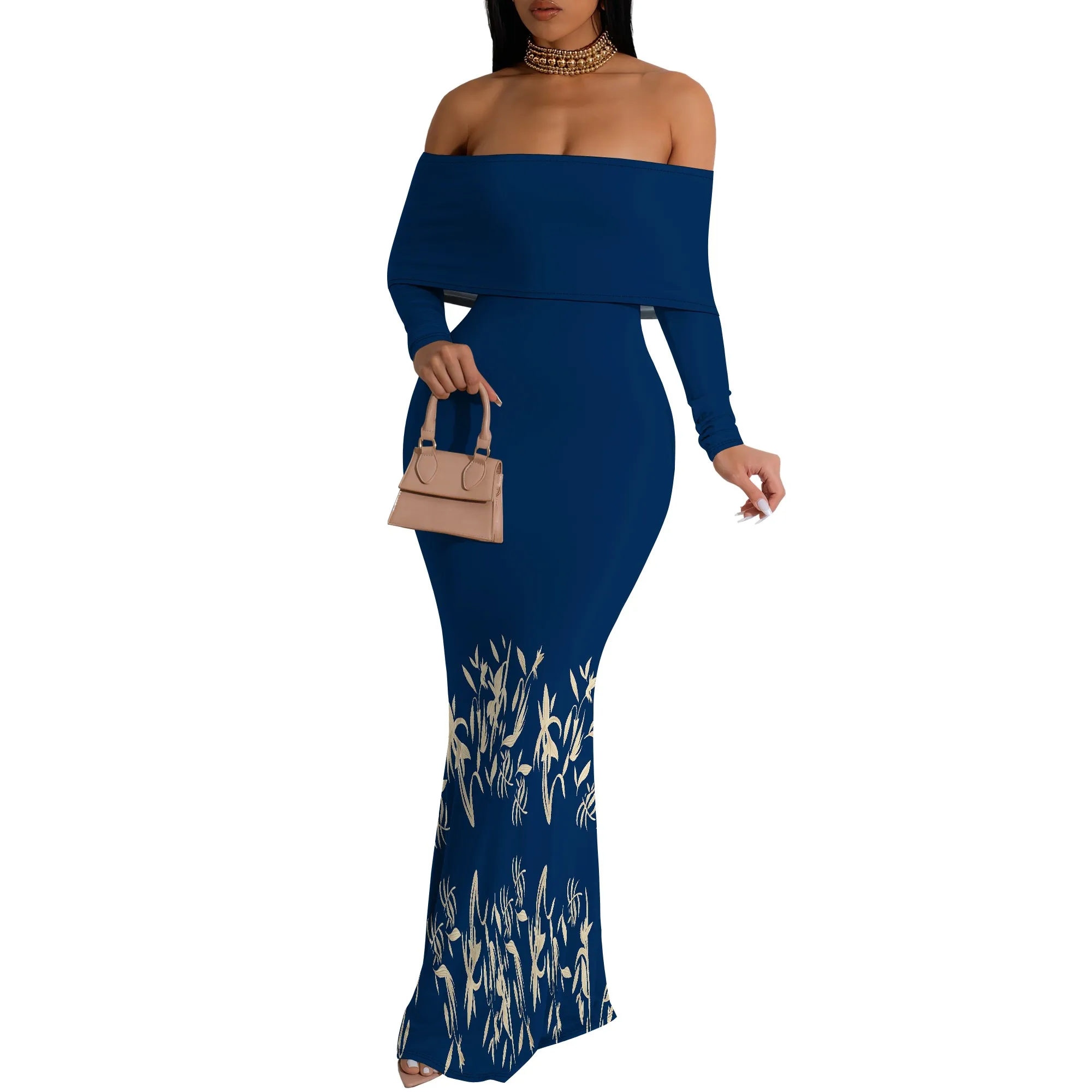 Elegantes marineblaues Maxikleid, schulterfreies, langärmliges, figurbetontes Kleid mit Grasmuster für formelle Anlässe