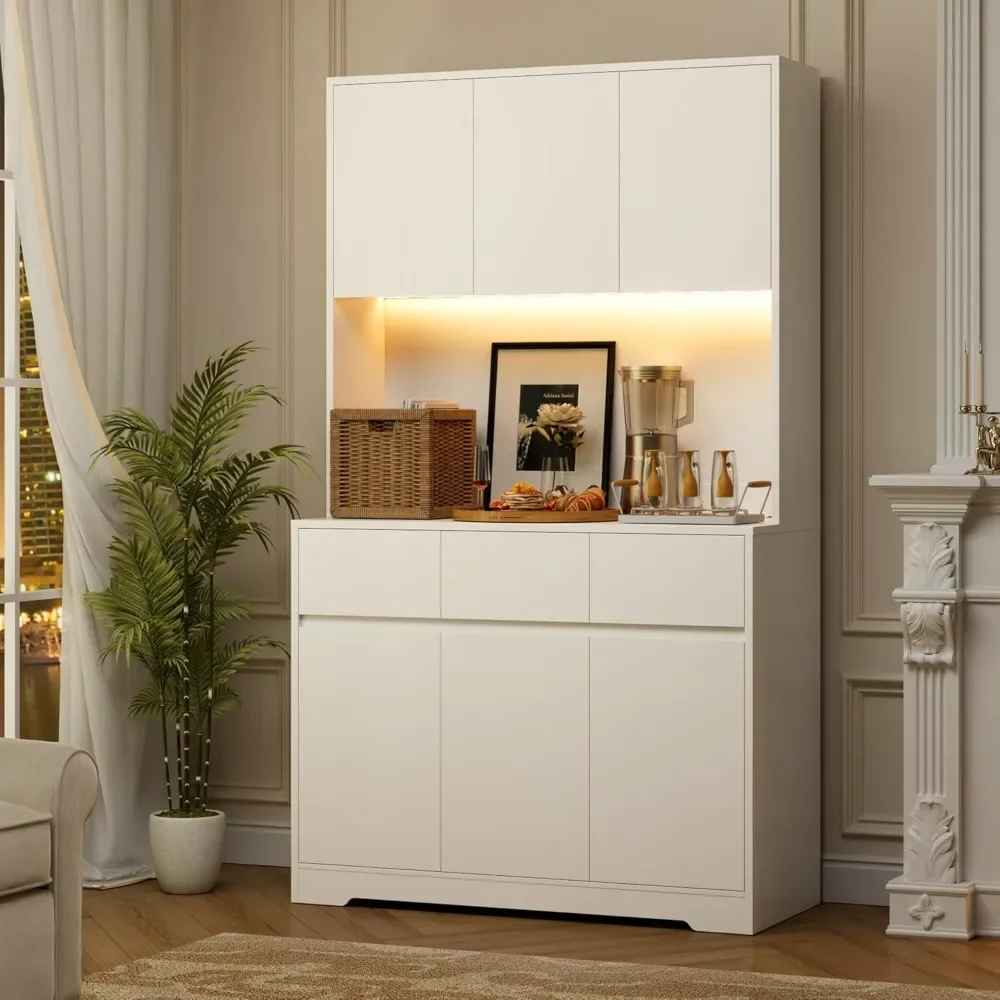 71'' Tall Kitchen Pantry Storage Cabinet with Power Outlets and Led Lights, Large Kitchen Hutch Buffet Cabinet with Microwave