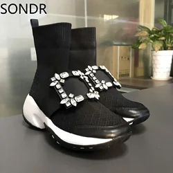 New Womens Mesh Breathable Square Diamond Crystal Decor Ankle Boots Sneakers Buckle Real Leather Casual Clunky Dorky Dad Shoes