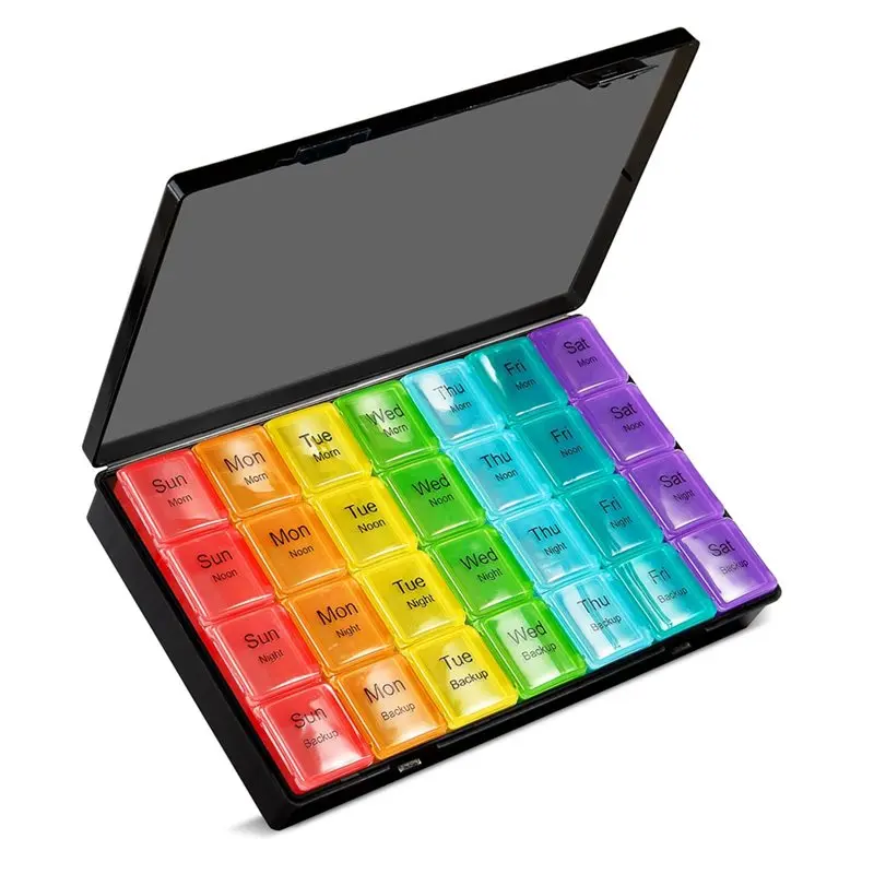 Pill Organizer 7-Day Large Capacity, 4 Daily Doses, 28 Compartments, Moisture-Proof, Compartment Sealed Pill Box