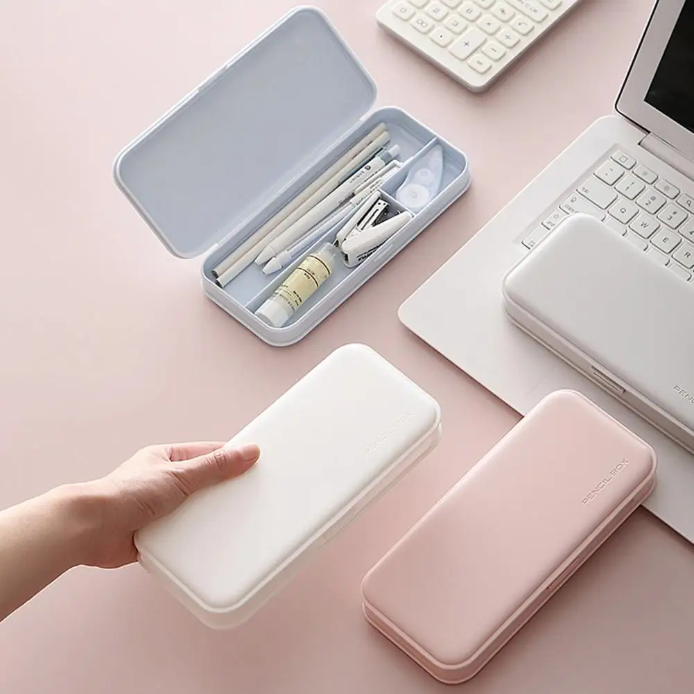 Stationery Box Portable Thin Large Capacity Macaron Color Stationery Case With Partitioned Storage Anti-Fall Shell Pen Organizer