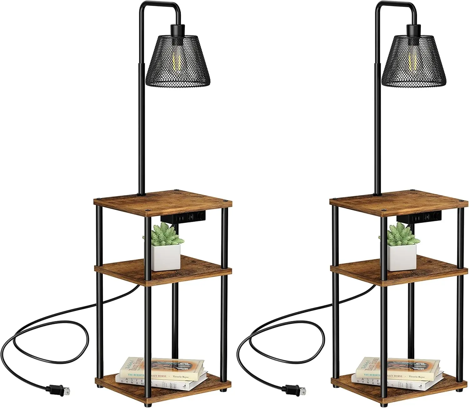 Floor Lamp with Table, Side Table with USB Charging Port and Outlet, Modern Bedside Nightstand End Table with Floor Light for Li