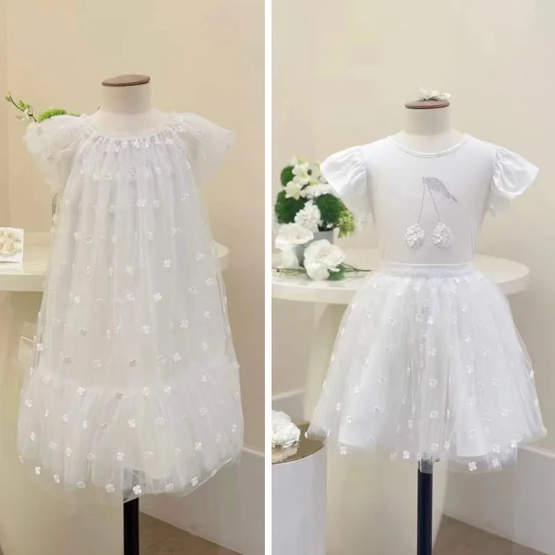 Clothing In Stock 2026 Summer BP White Embroidered Mesh Skirt Birthday Party Girls Two Piece Detachable Dress Set Children's