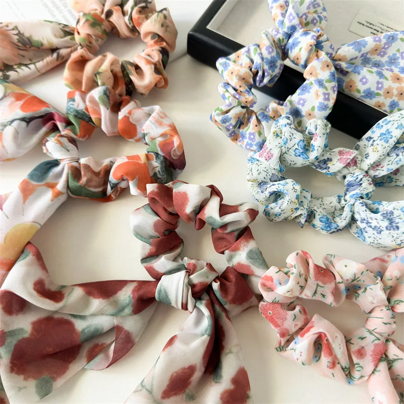 Floral Print Chiffon Long Ribbon Hair Scrunchies Women Girls Ponytail Scarf Elastic Rubber Bands Hair Ties Styling Accessories