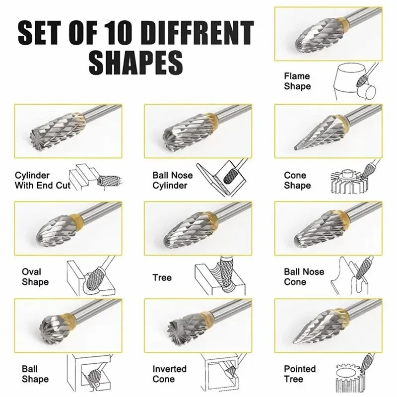 10pcs Tungsten Carbide Grinding Bit Set for Precision Deburring & Polishing - Dual-Cut, Rotary Tool Compatible
