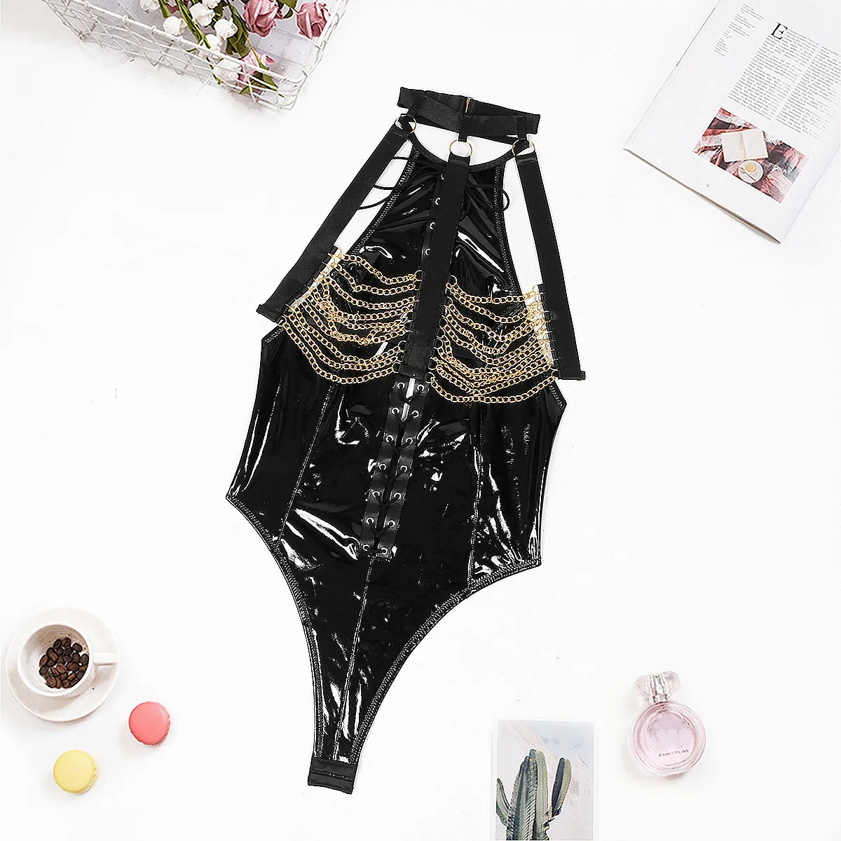 Body exótico sensual feminino, lingerie sexy de couro pu com corrente de metal, preto, luxuoso, fitness, sissy, crotchless, corpo erótico