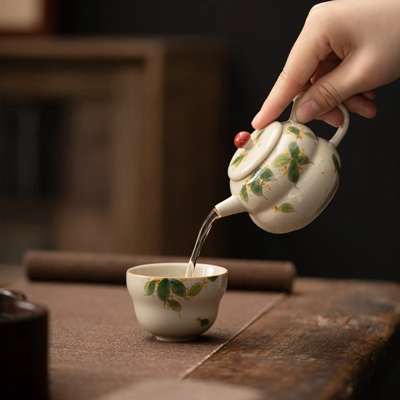 Hand Painted Osmanthus Fu Lu Teapot Porcelain Kung Fu Tea Set Retro Affordable Luxury Filter Ball Hole Teapot