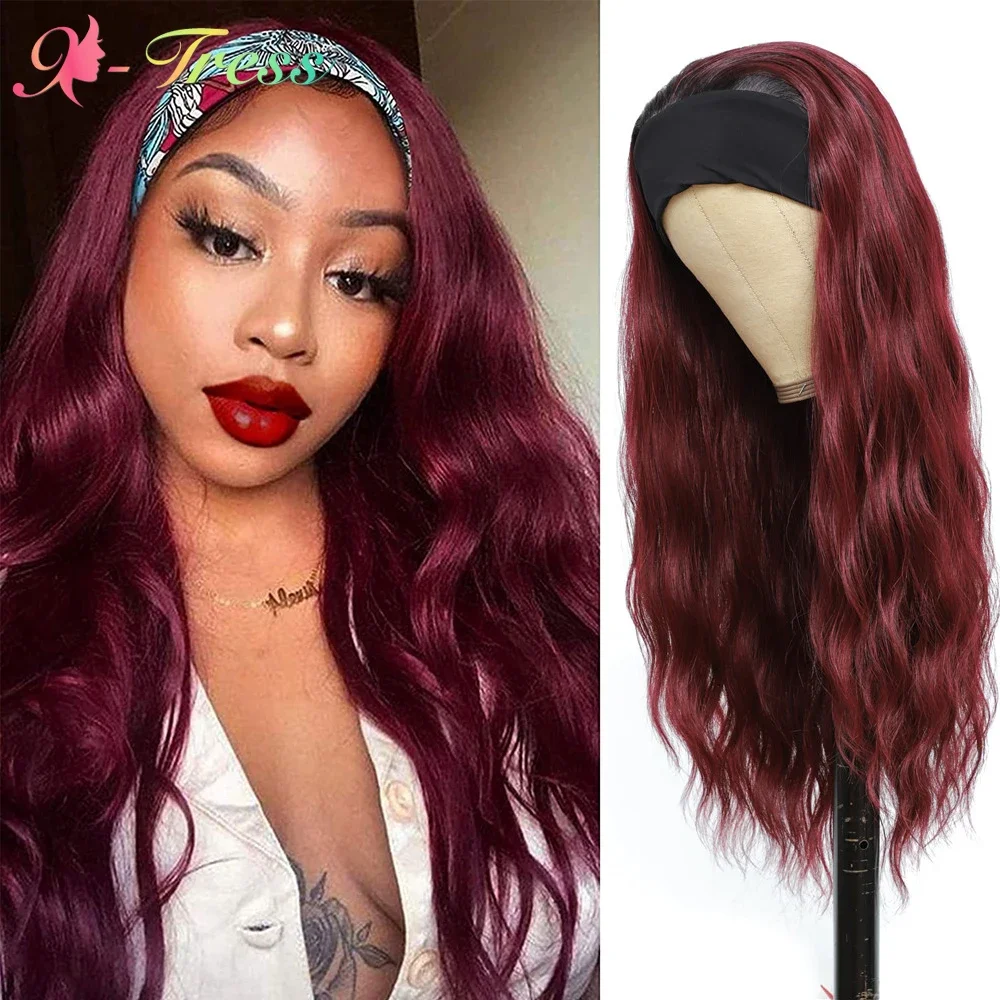 Red Wine Color Headband Wigs for Black Women Long Natural Wavy Glueless Full Machine Made Synthetic Wig Heat Resistant X-TRESS