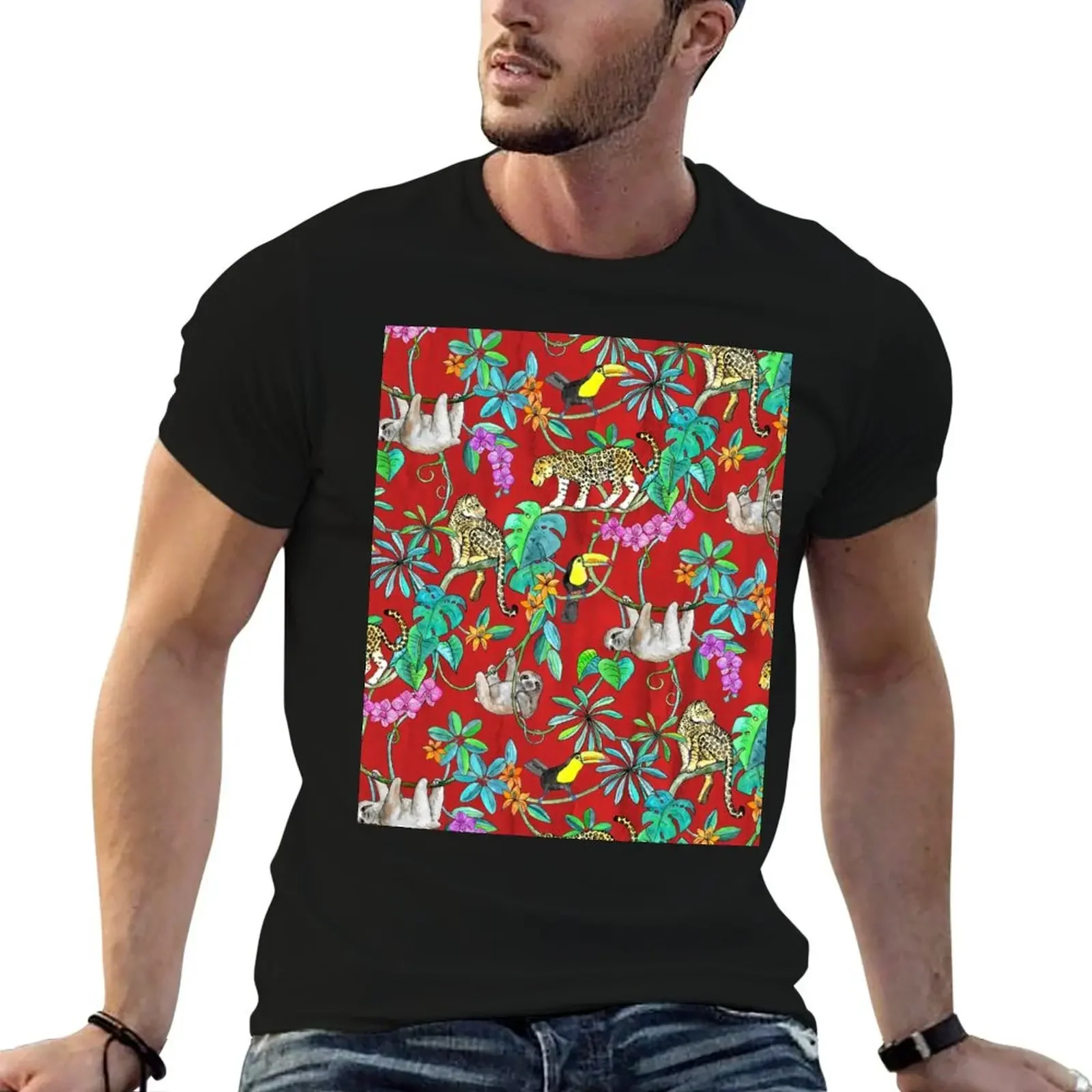 

Rainforest Friends - watercolor animals on textured red T-Shirt anime tshirt Aesthetic clothing customizeds men tshirt