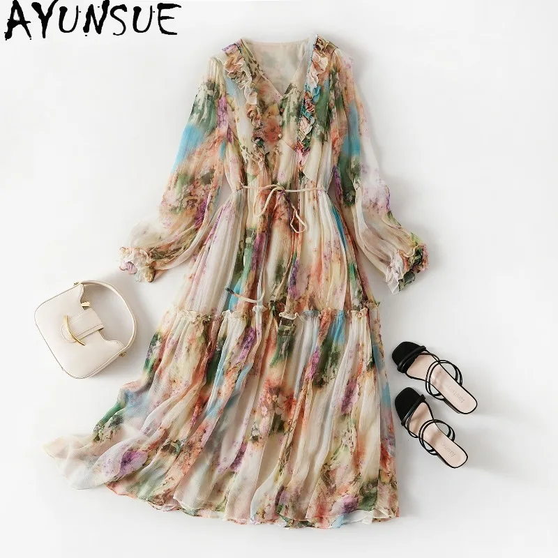 

AYUNSUE 100% Silk Women's Casual Dresses Long Sleeve Floral Beach Dress 2026 Woman Stylish V-neck Dresses for Woman Ropa Mujer