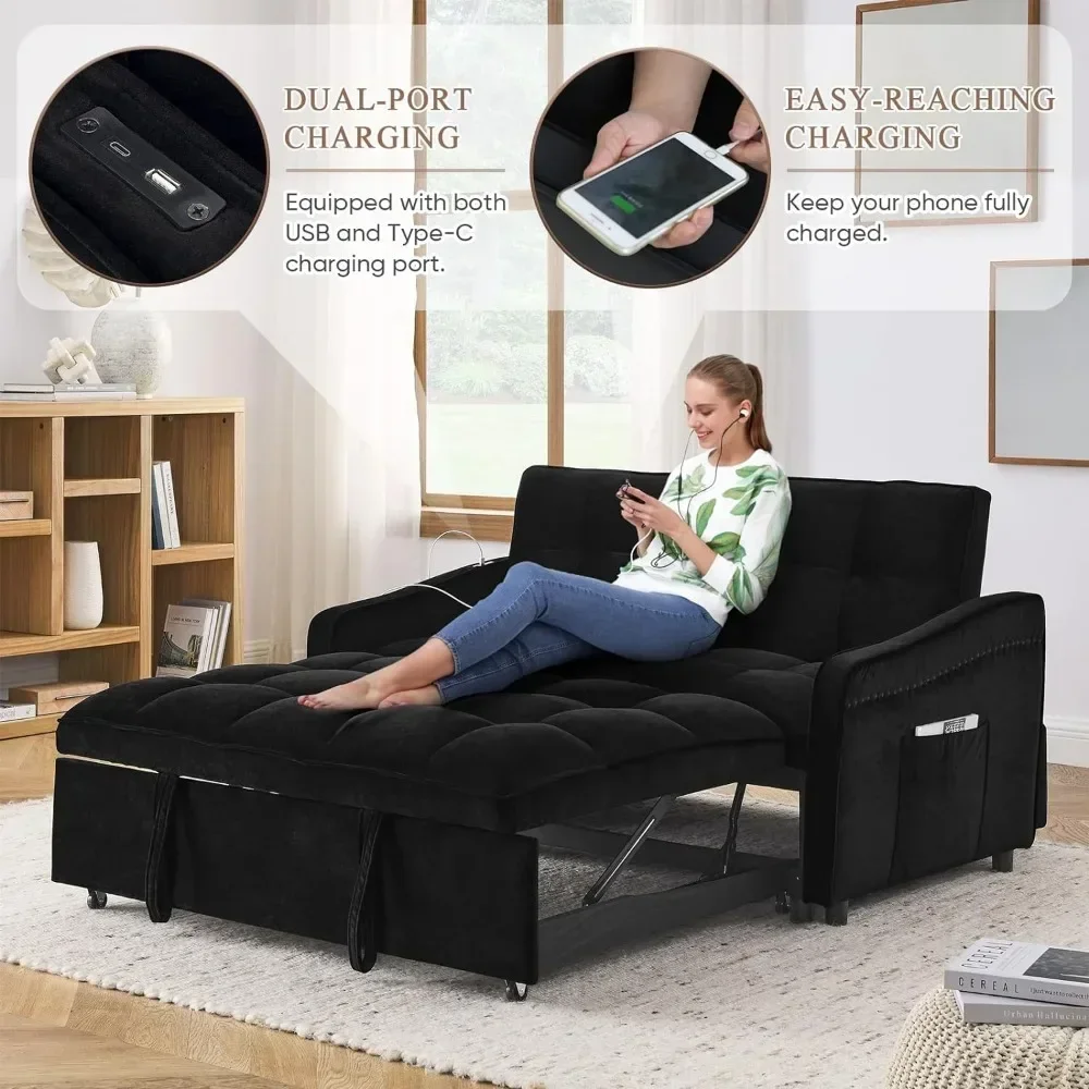 3 in 1 Sleeper Sofa Couch Bed with USB & Type C Port, 52