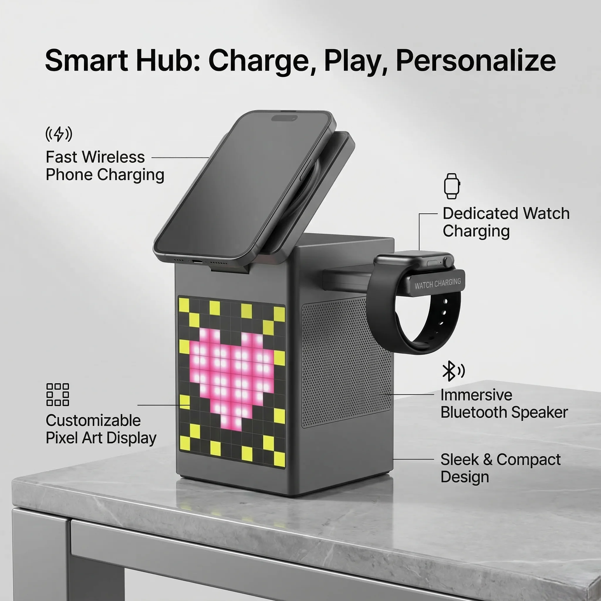 

Магнитное беспроводное зарядное устройство 6-в-1 с Bluetooth-колонкой, цифровыми часами и пиксельным дисплеем, совместимое с MagSafe iPhone, приложение