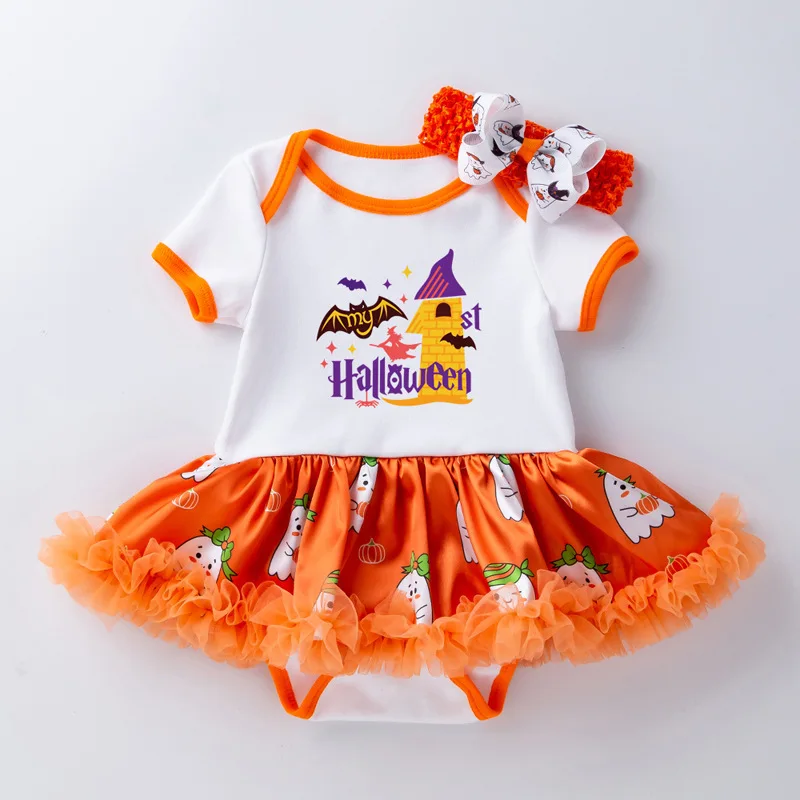 Halloween Baby Girl Dress with Headband Vampire Pumpkin Jumpsuit Cotton Tutu Dress Newborn Floral Clothes Baby Bodysuit Clothes