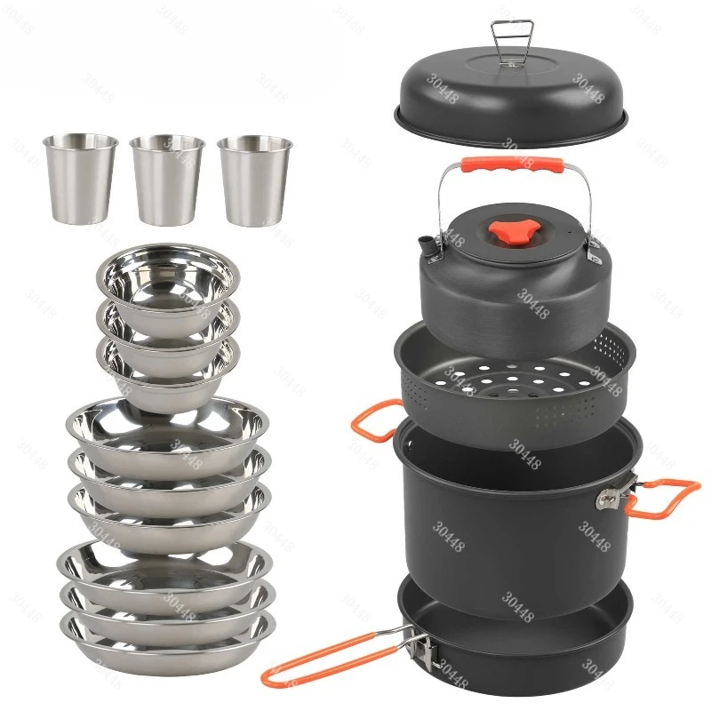 

Outdoor Camping Cookware Set Double-Handle Steamer Pot 1.6L Kettle Frying Pan Stainless Steel Plates Cups and Bowls