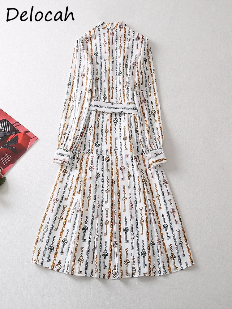 Delocah High Quality 2023 Spring Women Fashion Designer A-Line Dress Lantern Sleeve With Belt Vintage Print Ladies Midi Dresses