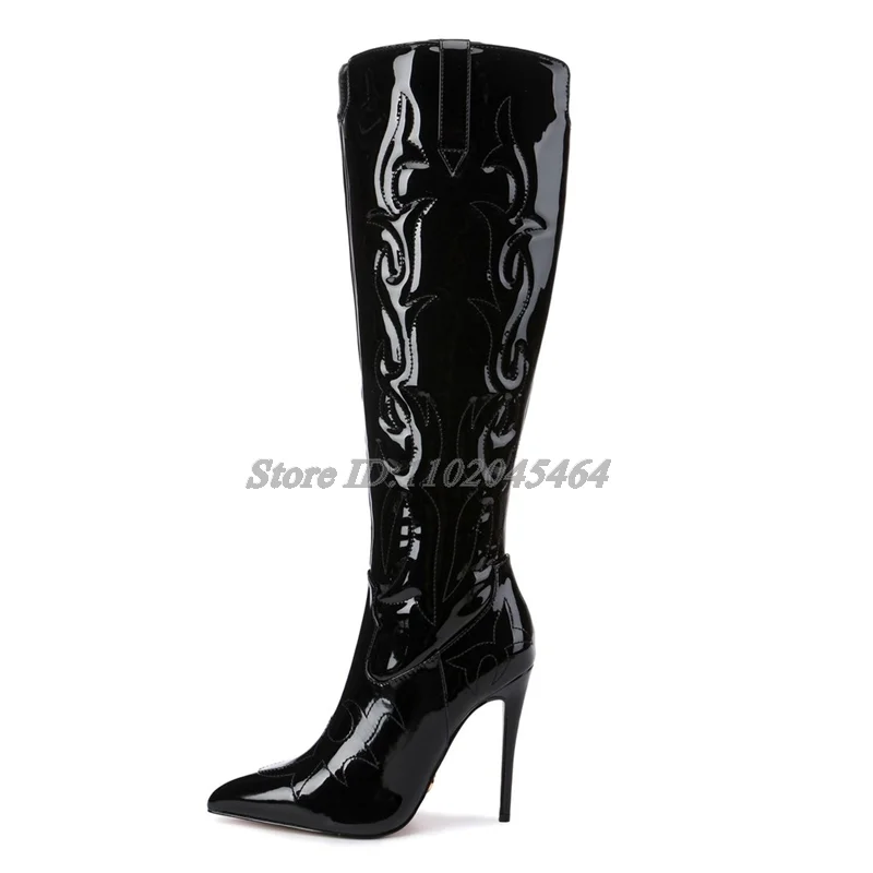 White/Black Embroidery Sexy Knee High Boots Women\'s Patent Leather Pointed Toe High Heels Zip Long Boot Luxury Designer Shoes