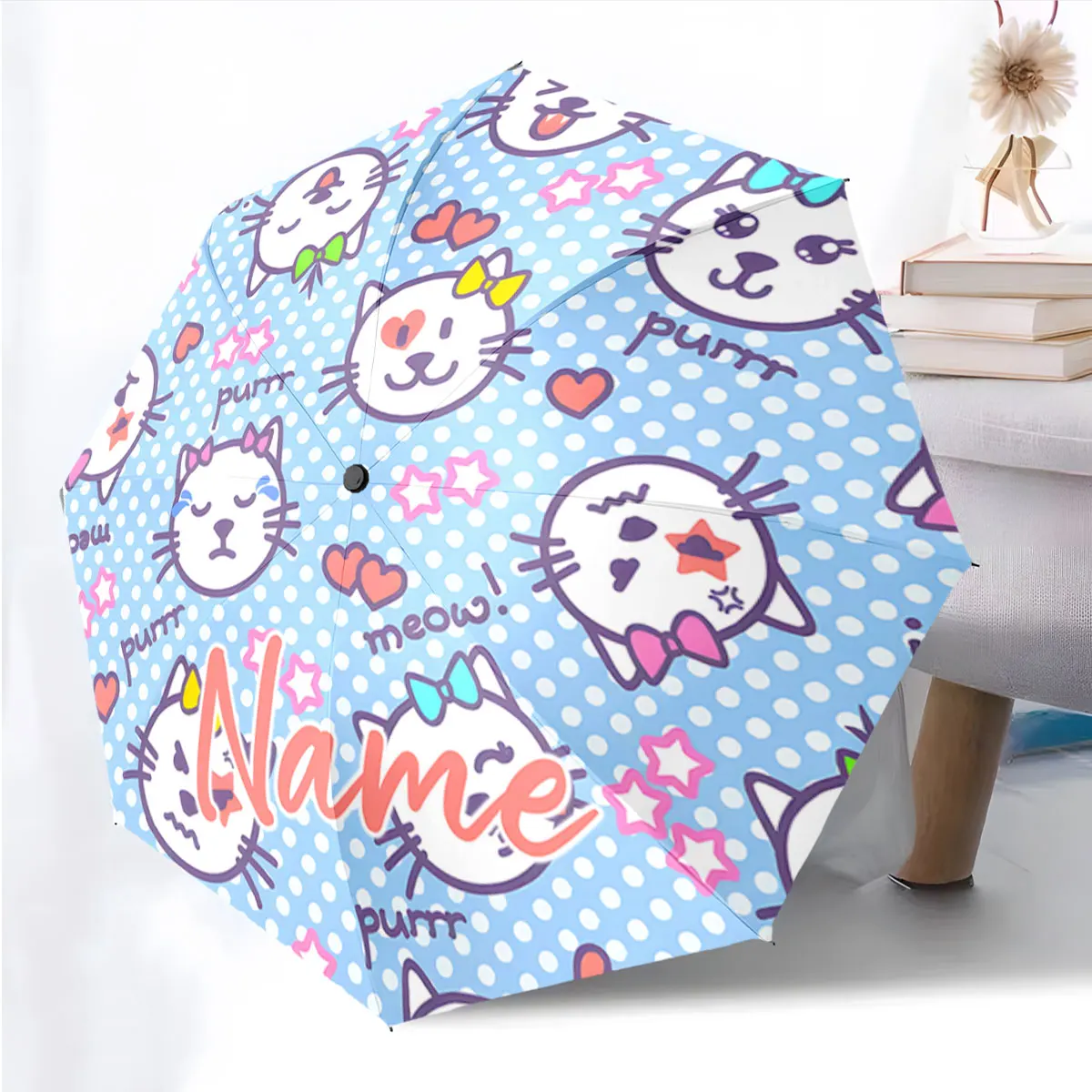 Custom Name Playful Cat-Themed Umbrella with Heart Star Motifs Print 8 Iron Ribs Folding Umbrella Auto-Open Fashion Sunshade