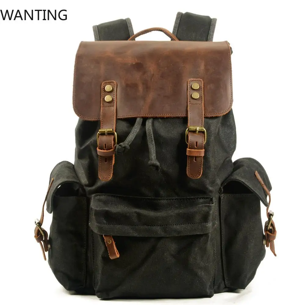 

WANTING Top Luxury Canvas Leather Unisex Backpacks Large Capacity Waterproof Vintage Daypacks Retro School Bag Teenager Mochia