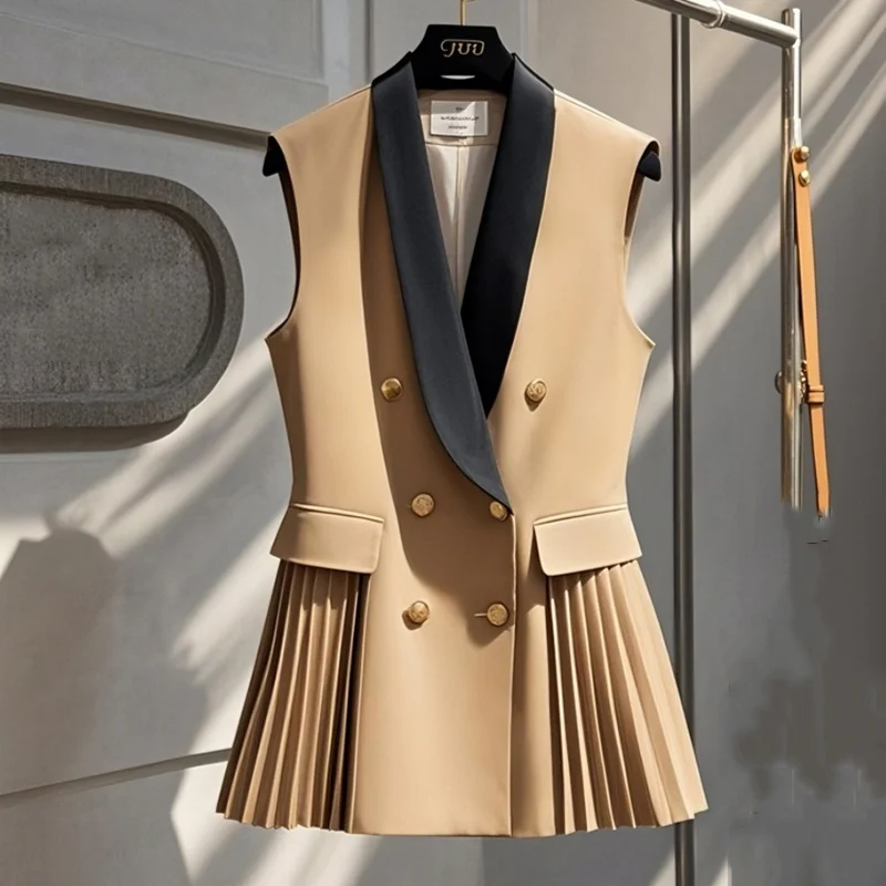 

Spring Summer New Fashion Joker Unique Vest Jacket Women Temperament Coffee V-Neck Suit Vest Simple Office Casual Coat Female