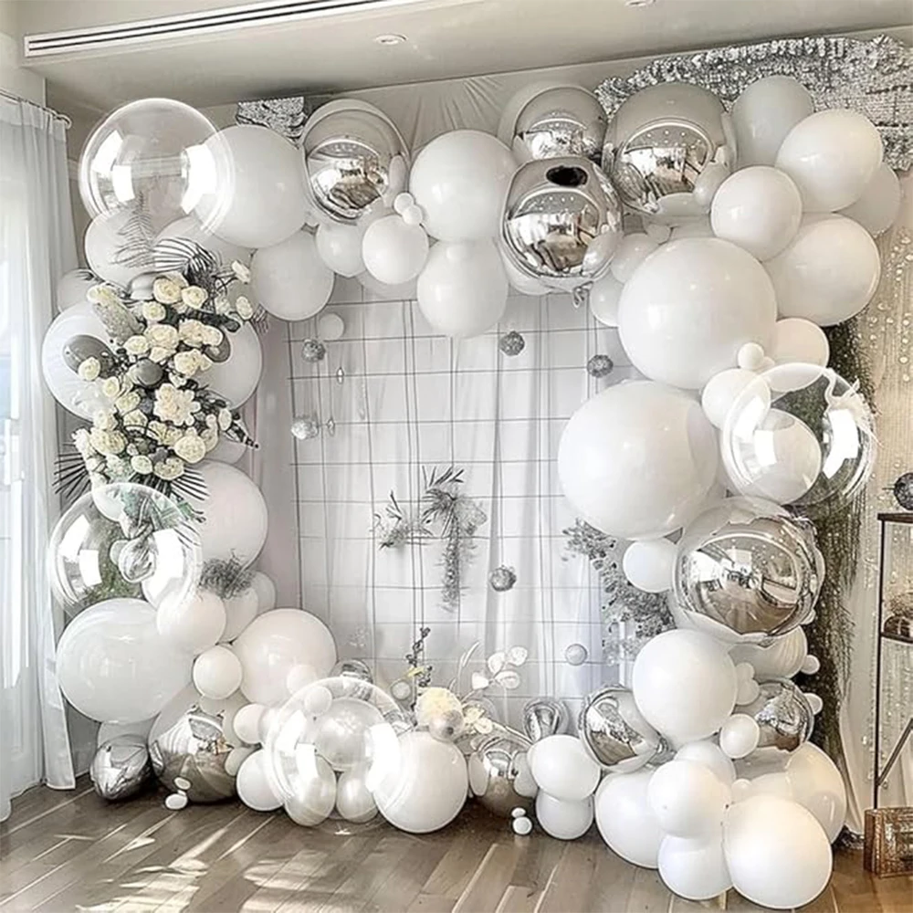 90pcs White Silver Balloon Garland Silver Balloon White Pearl balloon Arch Kit for Baby Shower Birthday Wedding Party Decor