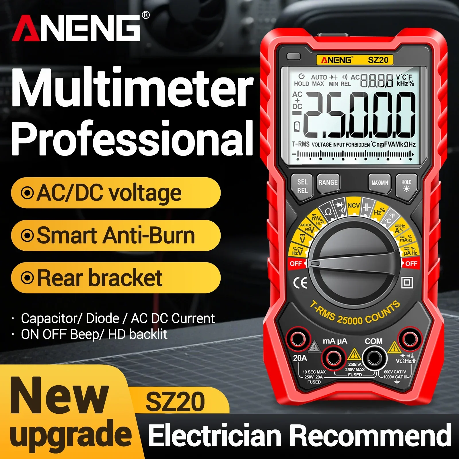 

ANENG SZ20 Professional Digital Multimeter Electric 25000 Counts AC/DC Current Meter Voltage Tester for Car Ohm Temp Capacitor