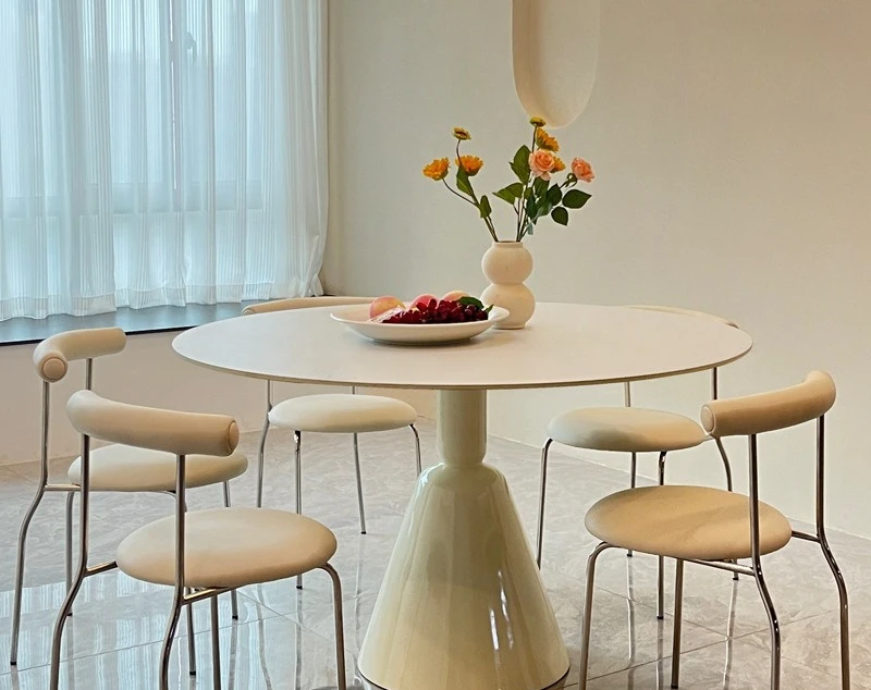 French cream style, pure white rock slab dining table, household dining table and chairs, modern simplicity