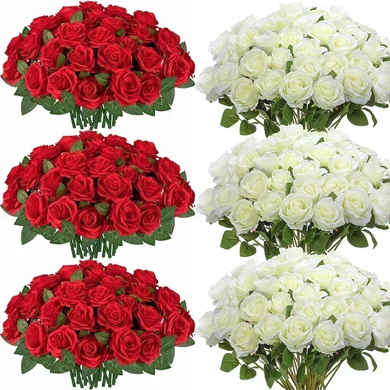 100 Pieces Artificial Roses Flowers Fake Silk Roses Bouquet for Table Centerpiece Vases Wedding Party Decor image 3