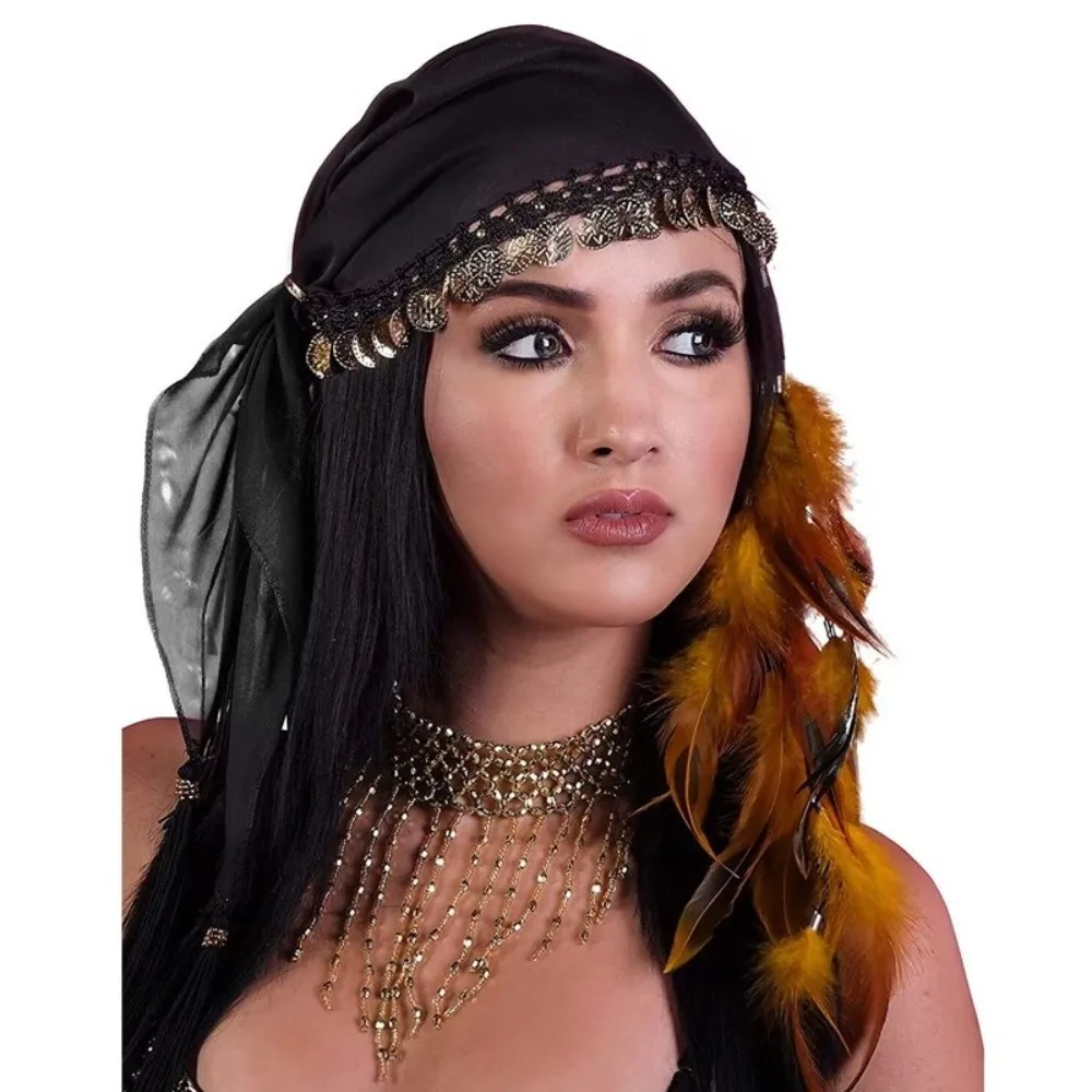 Women Pretty Belly Dance Accessories Crochet Traditional Coin Headscarf Veil Ethnic Pattern Dance Costume Headwear Belly Dance