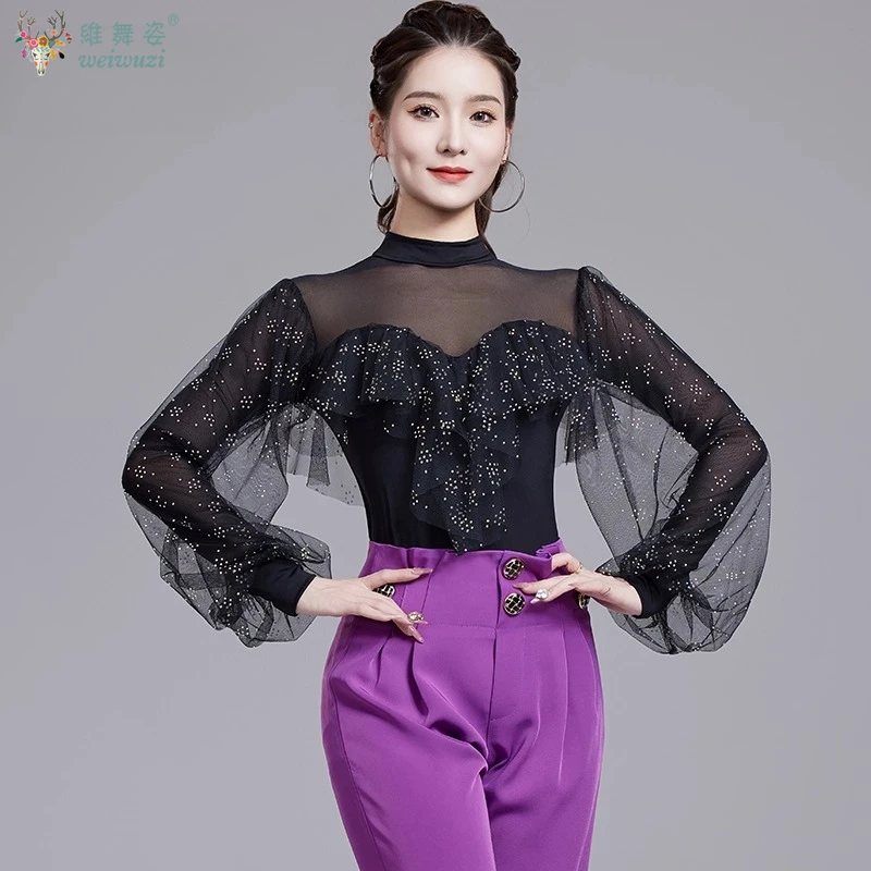 라틴 댄스 연습복 편안한 반소매 밝은 다이아몬드 탑 여성용 탱고 차차 의상 소셜 댄스 의류