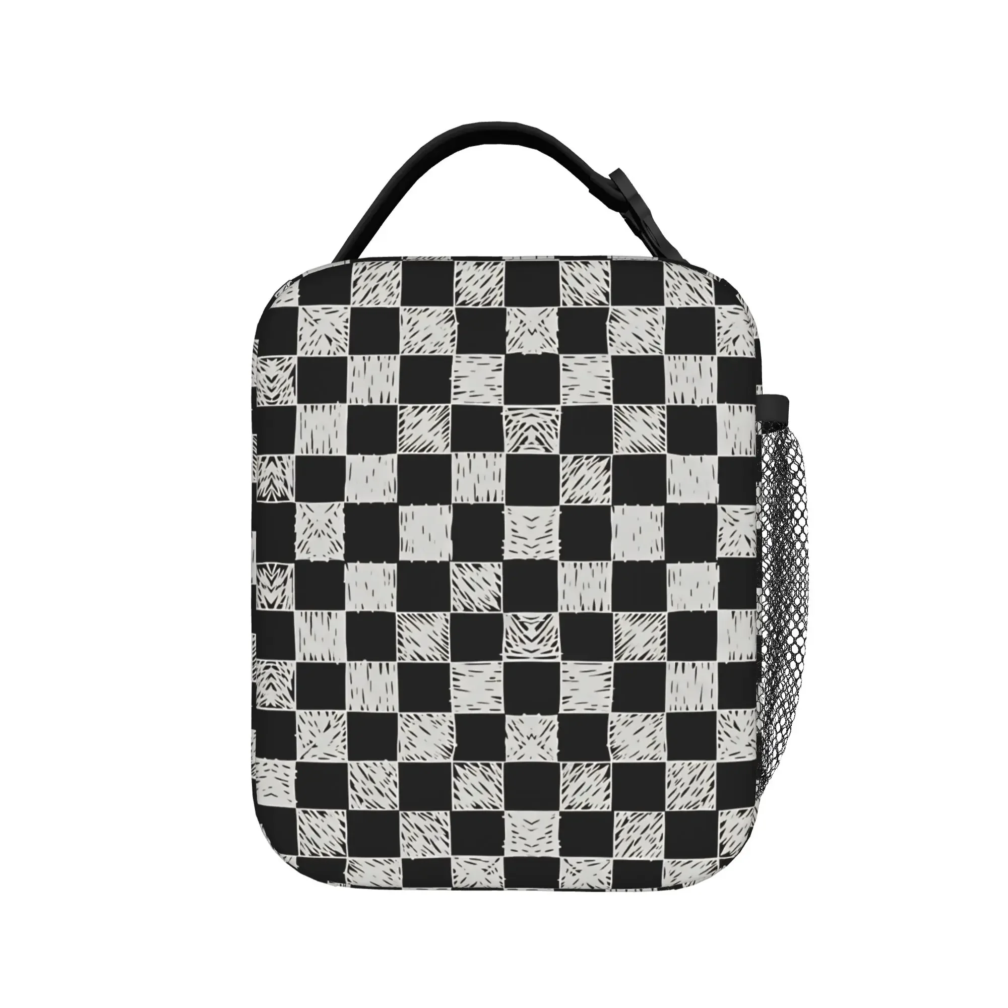 Lunch Bag Hand Drawn Sketch Checkered Office Lunch Box For Child  Casual Portable Graphic Cooler Bag