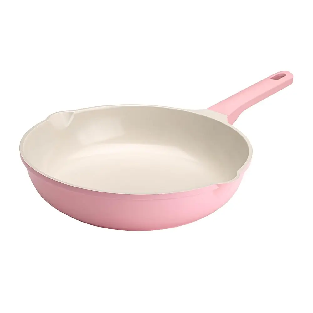 

Керамическая сковорода из литого алюминия с антипригарным покрытием, быстрое и равномерное нагревание, с удобными носиками для слива и ручкой с комфортным захватом, 11 дюймов, розовая