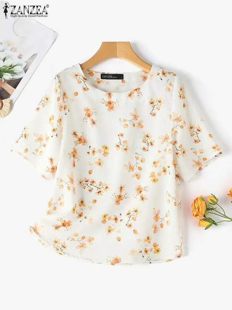 Women Summer Tops ZANZEA Bohemain Floral Blouse Elegant Short Sleeve Casual Shirt Fashion Work Holiday Blusas Female Chemise