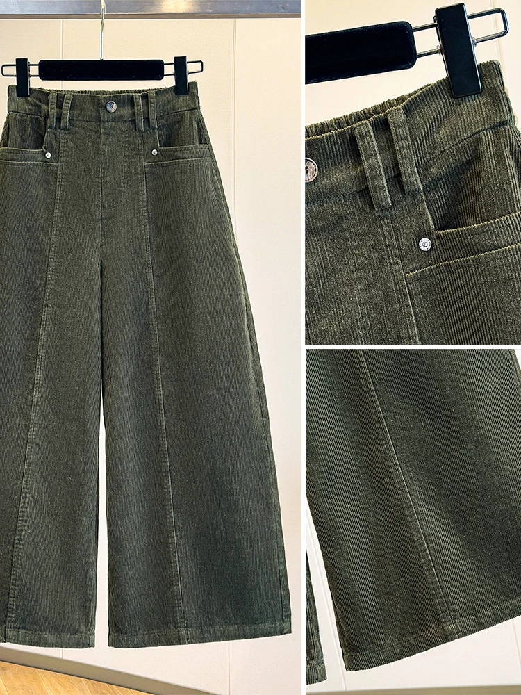 Authentic Corduroy Wide Leg Pants Thickened Autumn Winter Casual High Waist Straight Cut Ladies Trousers Comfortable Loose Fit