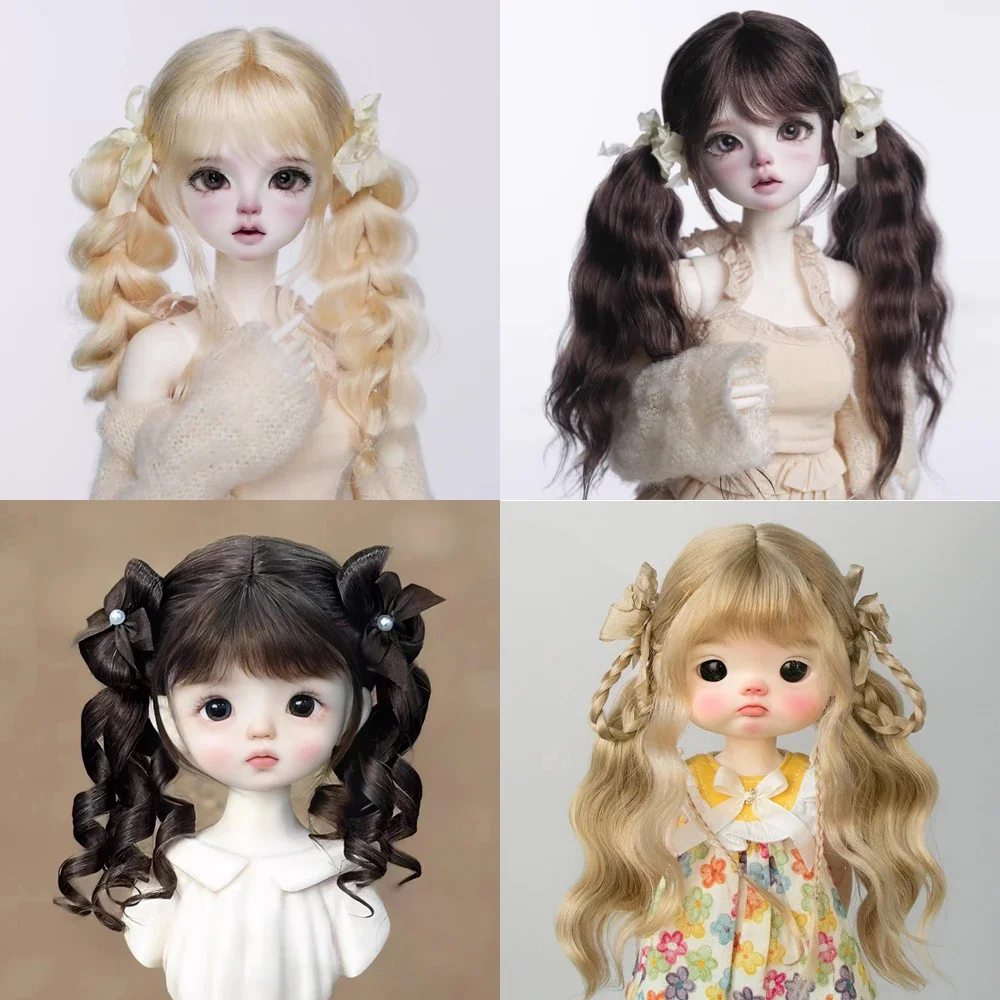 

30 см 40 см Кукольный парик с челкой, двойной хвост, вьющийся мягкий мохеровый парик, подходит для 1/6 1/4 BJD SD DD, аксессуары для игрушек для волос 6-7, 7-8 дюймов