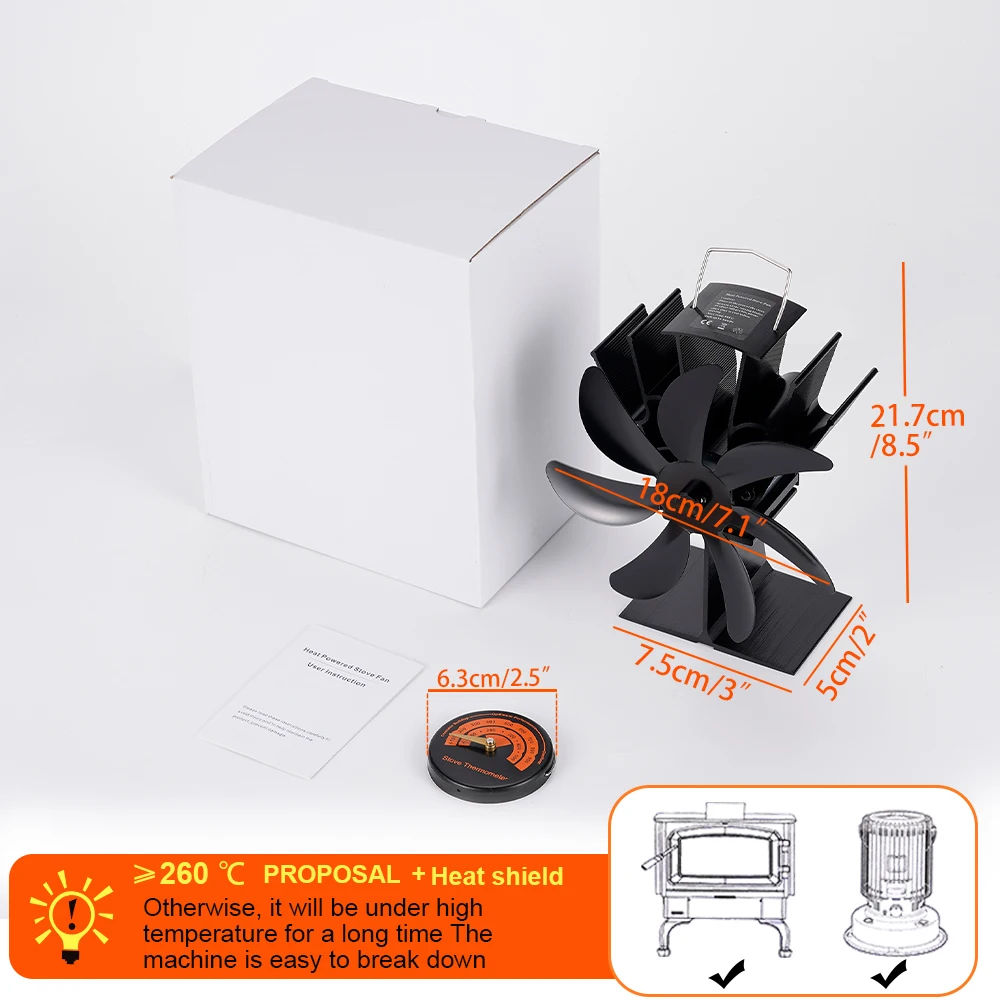 7-bladen kachelventilator Warmte-aangedreven open haardventilator Houtkachel Aluminium Eco-ventilator Rustig huis Warm Efficiënte warmteverdeling