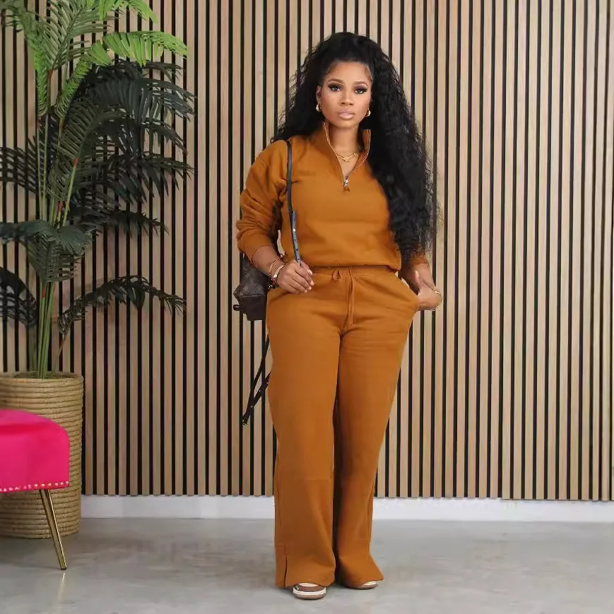 

autumn suit women's Zipper stand collar solid color long sleeve drawstring slim wide leg trousers suit womens 2 piece outfit set