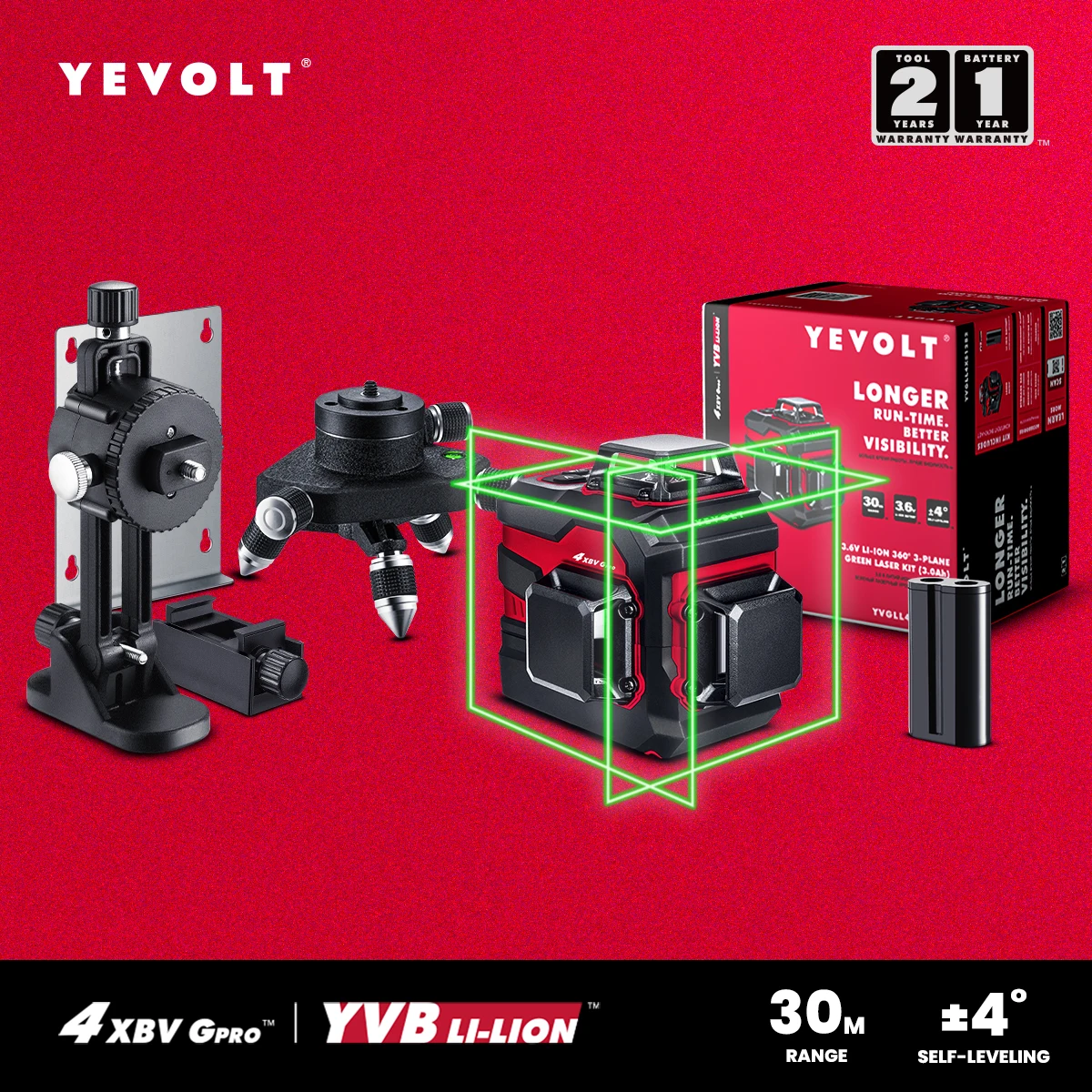 

YEVOLT YVGLL4XS12 12-линейный трехместный вращающийся лазерный уровень IP54 Самовыравнивающийся рабочий и домашний двойной мощности прецизионного уровня 30 м