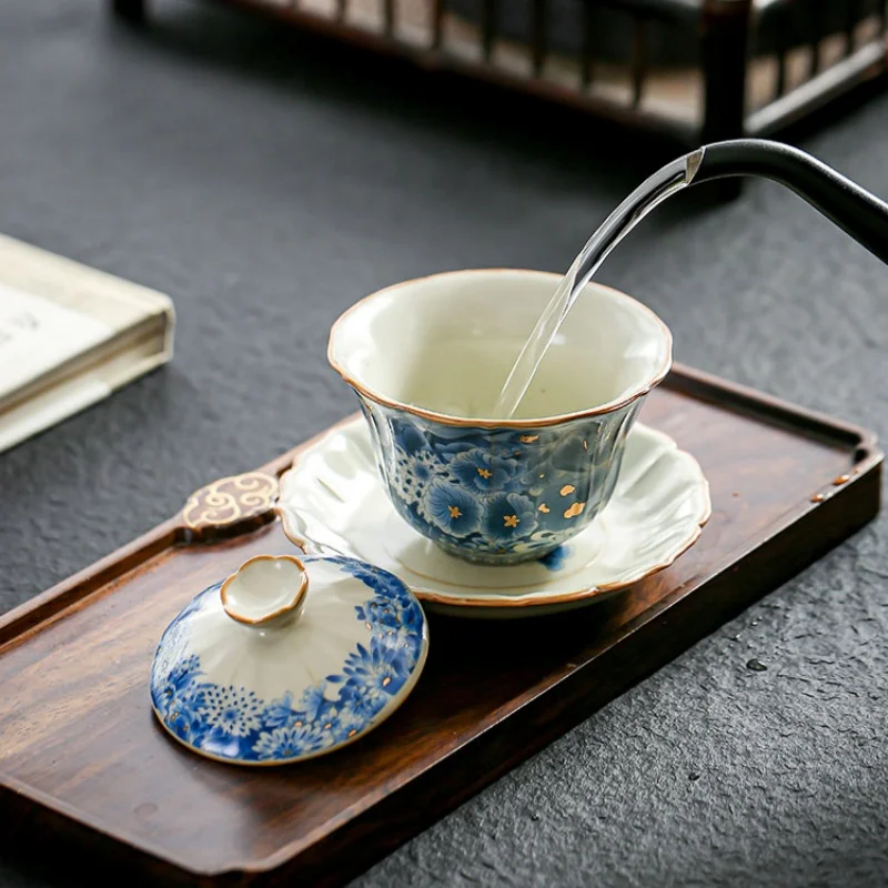 High-quality Retro Ru Kiln Tea Tureen Ceramic Sancai Cover Bowl Tea Maker Gaiwan Can Raise Kung Fu Teaware