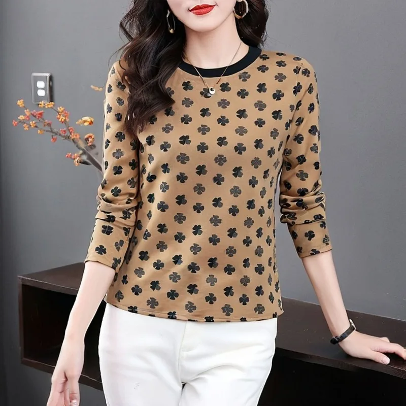 Mothers Autumn Long Sleeve T-shirt Cotton Clover Print Round Neck Loose Hide Belly Women Casual Base Top