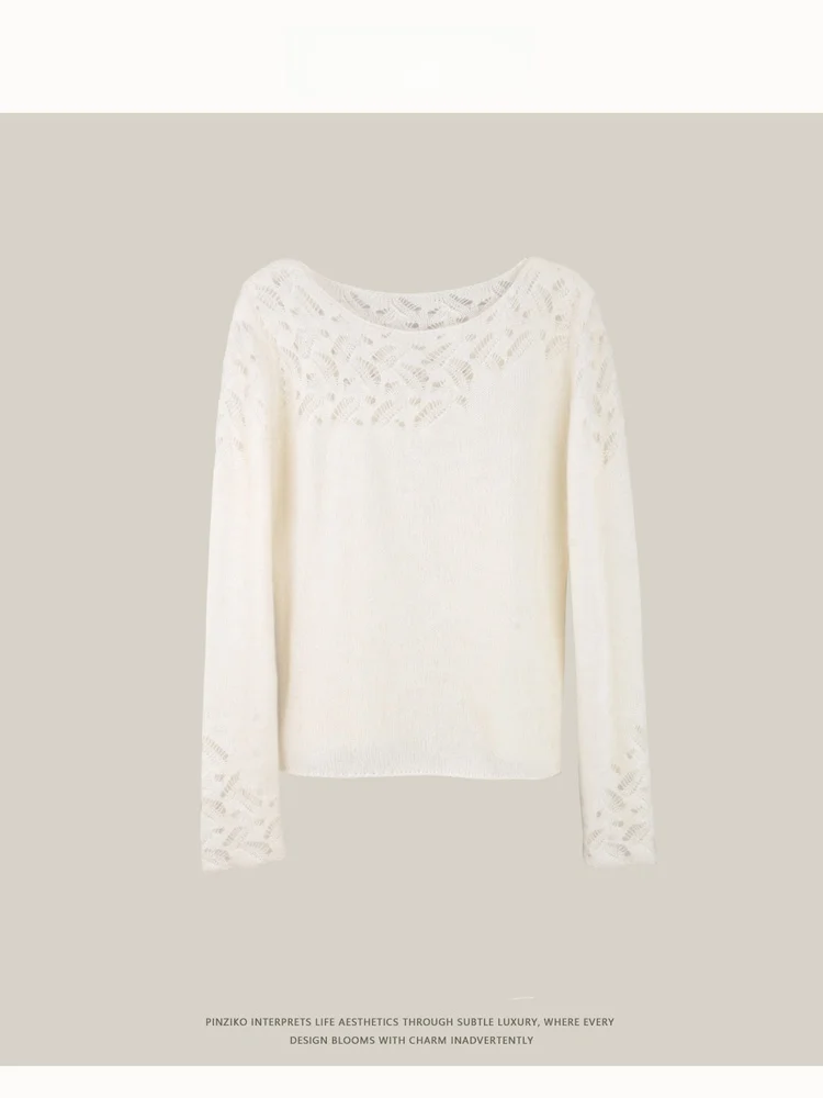 

PINZIKO Warm Knitted Sweater Mixed Wool Alpaca Wool And Mohair Hollow Hook Flower Large Rabbit Design Casual Long Sve Top
