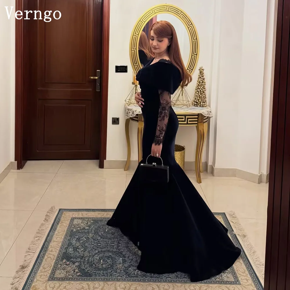 

Verngo Navy Blue Velvet Evening Dress V Neck Full Lace Sleeves Formal Occasion Dress Elegant Saudi Arabia Prom Gowns Customized