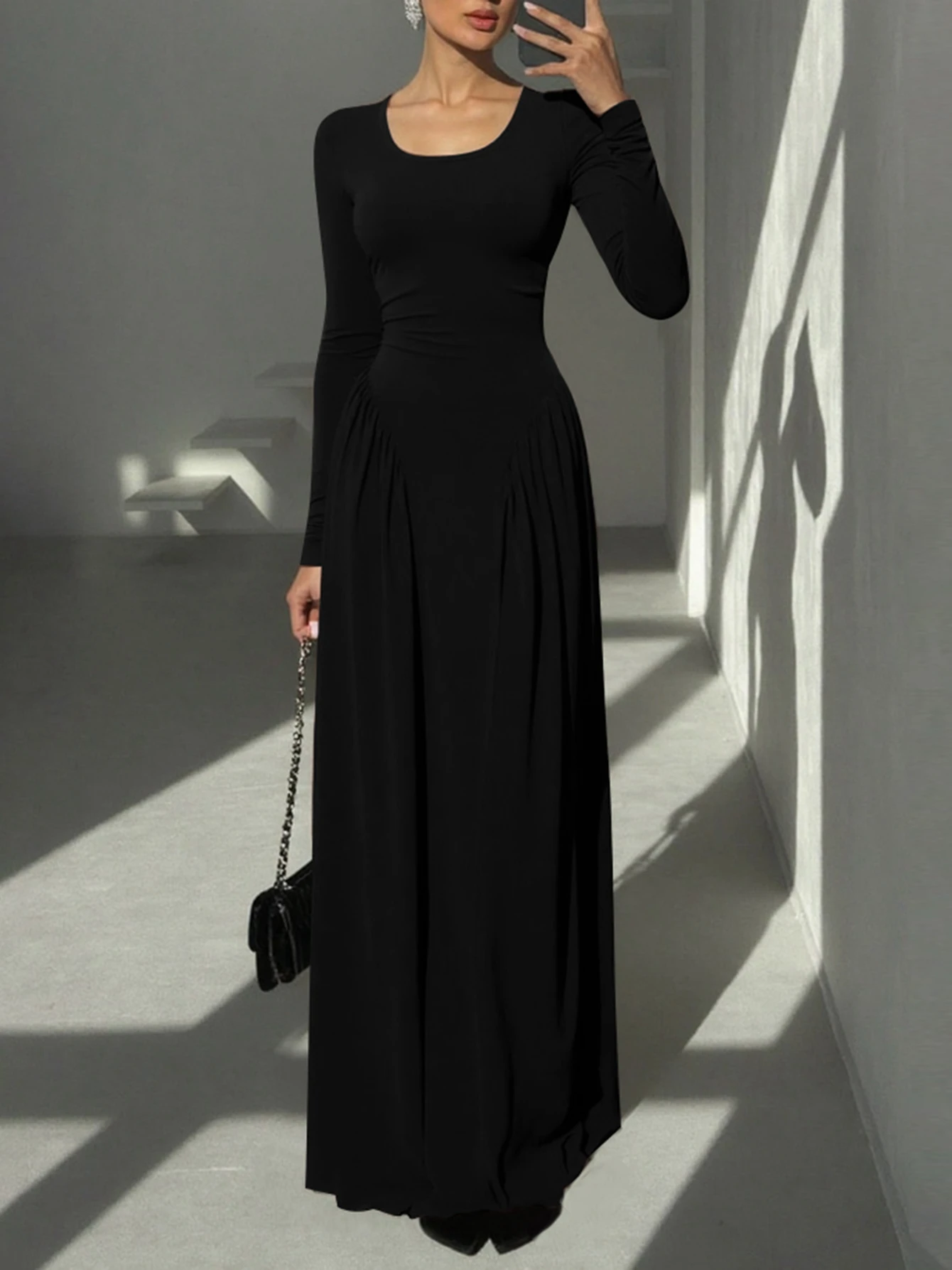 Dulzura الخريف موضة أنيقة U الرقبة طويلة الأكمام الدانتيل يصل الأشرطة مطوي فستان طويل المرأة الصلبة مثير الملابس نادي الحفلات الزي #1