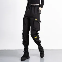 Women's Streetwear Black Multi-pocket Fashion Cargo Pants Cotton Elastic Waist Casual Hip-hop Dance Joggers Tactical Trousers